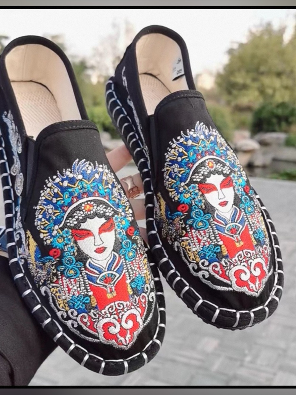 Embroidered Black Slip-On Women’s Shoes with Red & Blue Accents